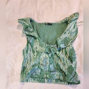 Green Size Large Zara Paisley Ruffled Jacquard Top Shirt V-neck Crop